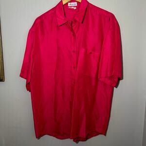 Vtg 90s Naked Silk Fuchsia Pink Short Sleeve Button Down Blouse Oversized XL